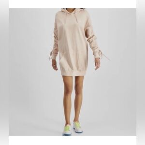 Guess Diane Beige Hoodie Long Ruched Sleeve Mini Dress Size Large NWT